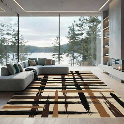 Black Brown Grungy Plaid Lines Rug