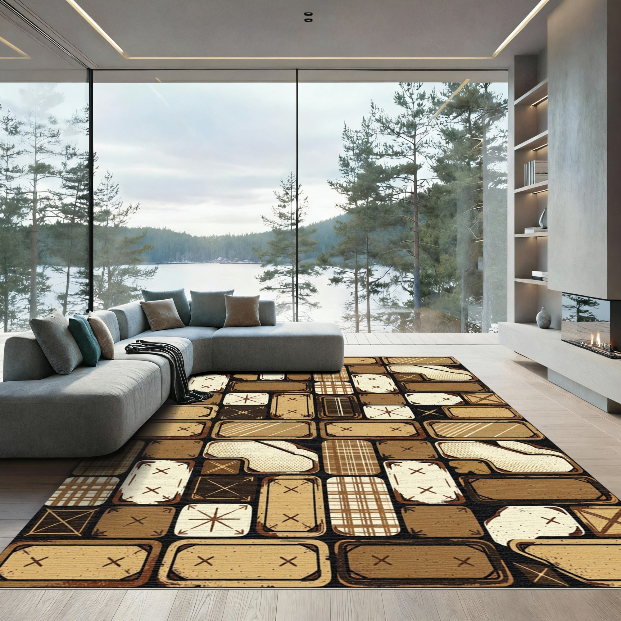 Rustic Plaid Brown Abstract Patchwork Rug