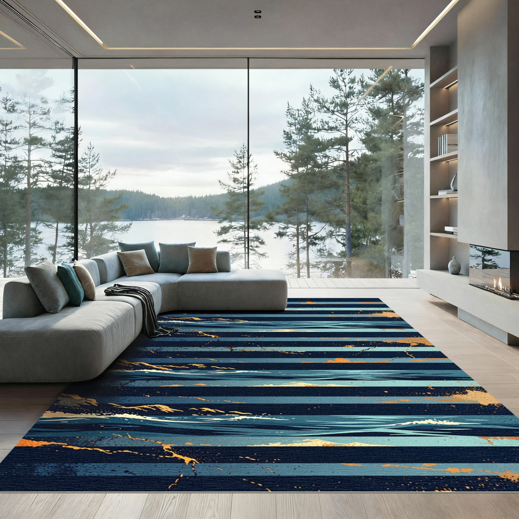 Golden Ocean Waves on Navy Stripes Rug