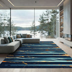 Golden Ocean Waves on Navy Stripes Rug