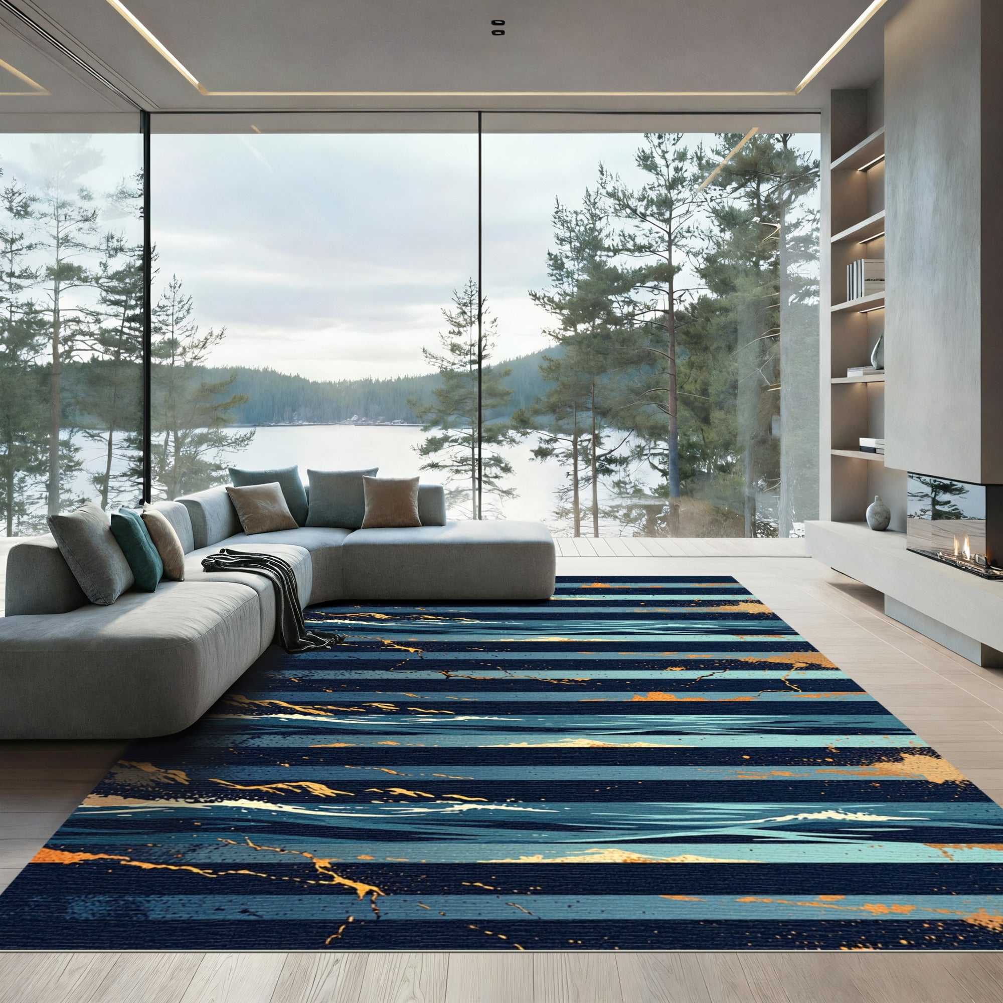 Golden Ocean Waves on Navy Stripes Rug