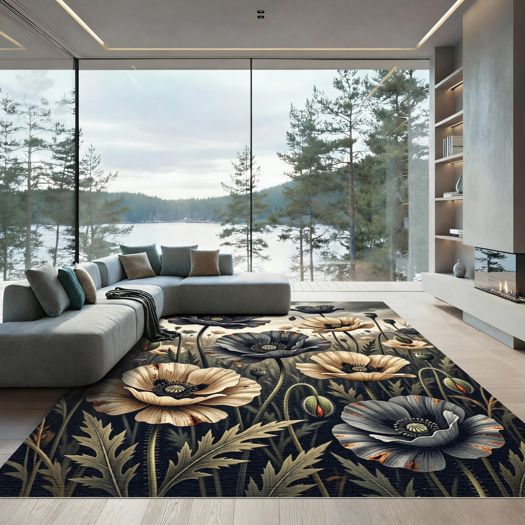 Moody Monochrome Poppy Field Illustration Rug
