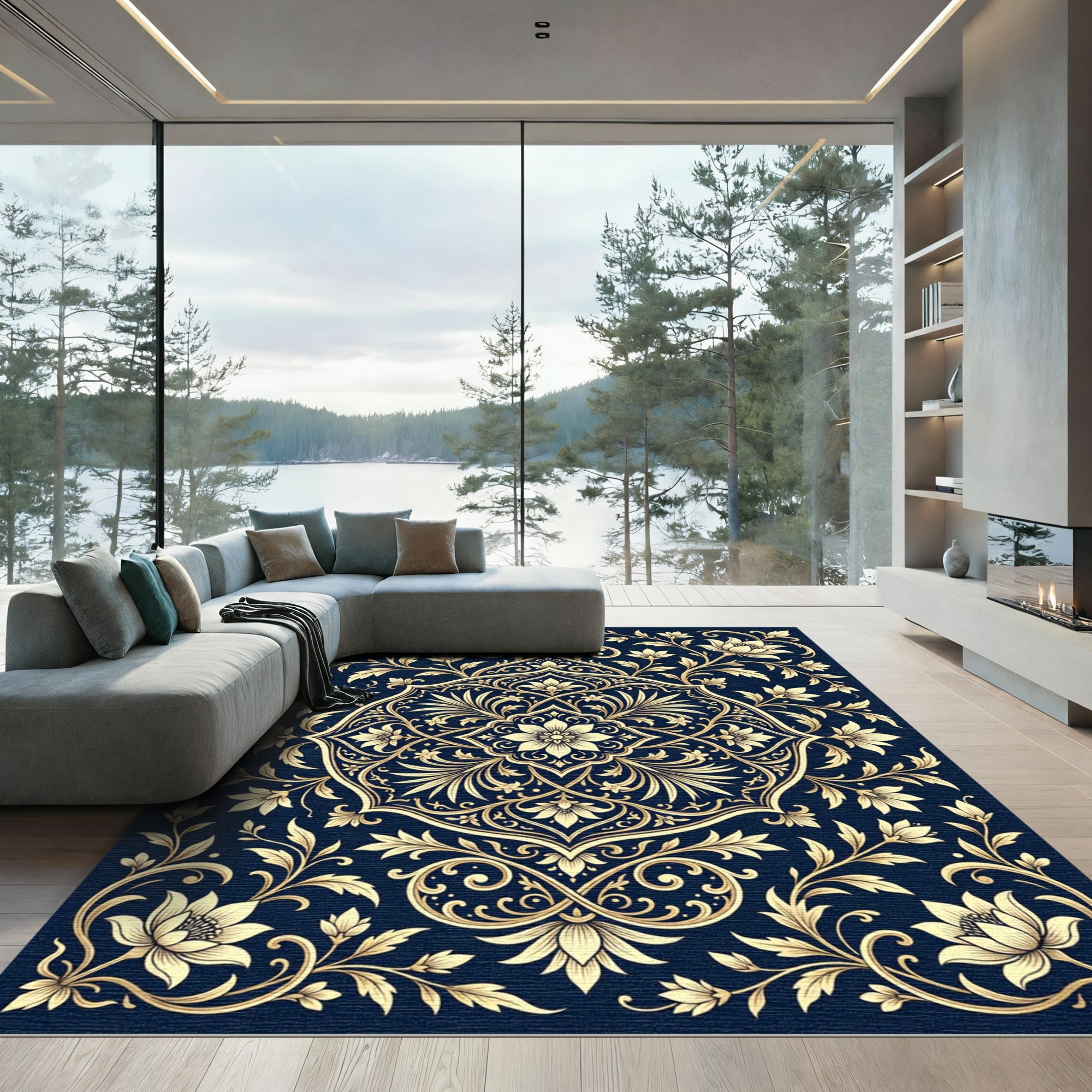 Golden Floral Medallion on Navy Rug
