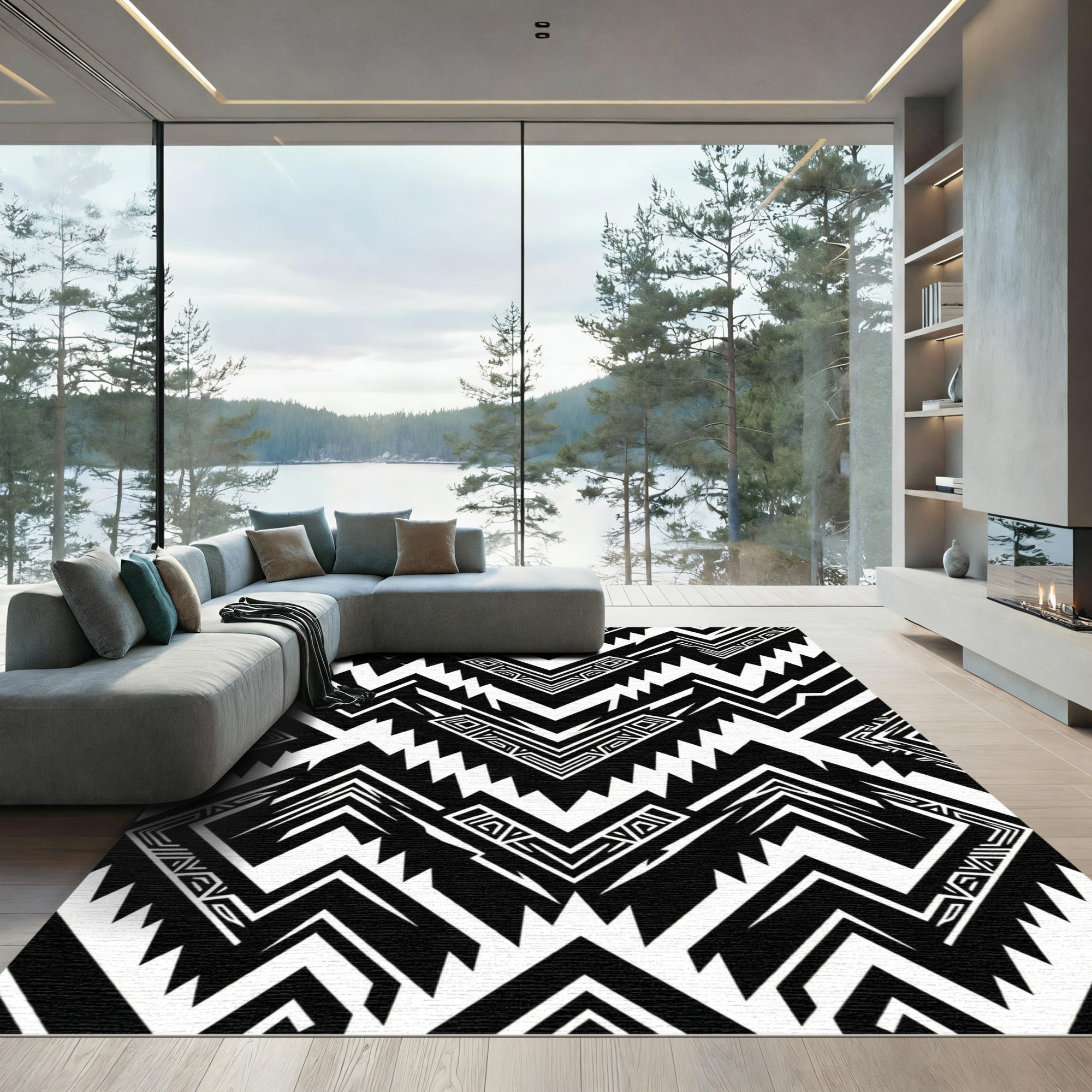 Bold Monochrome Geometric Chevron Abstract Rug
