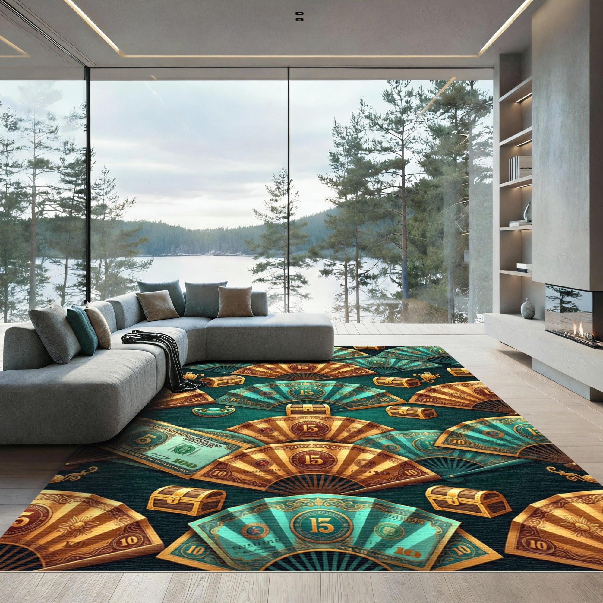 Opulent Teal and Gold Fan Treasure Rug