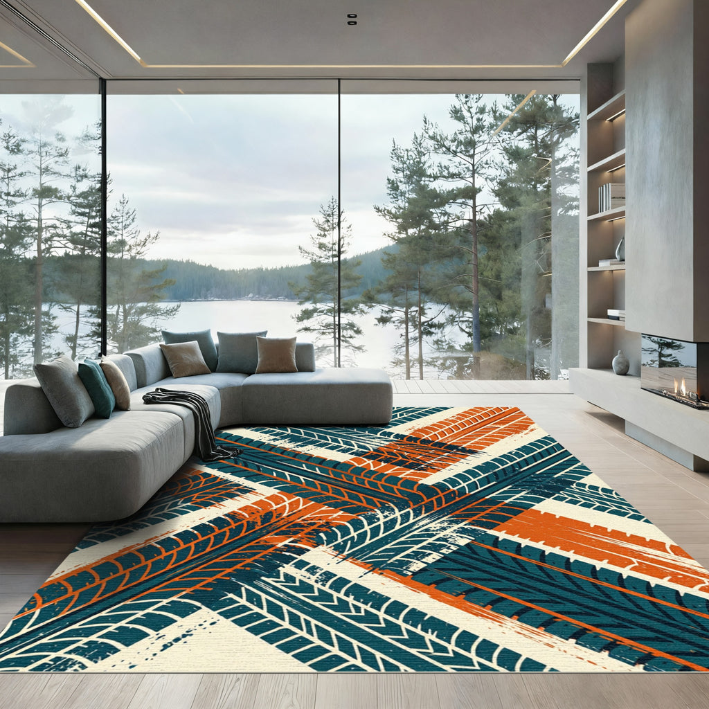 Teal and Burnt Orange Tire Tread Rug