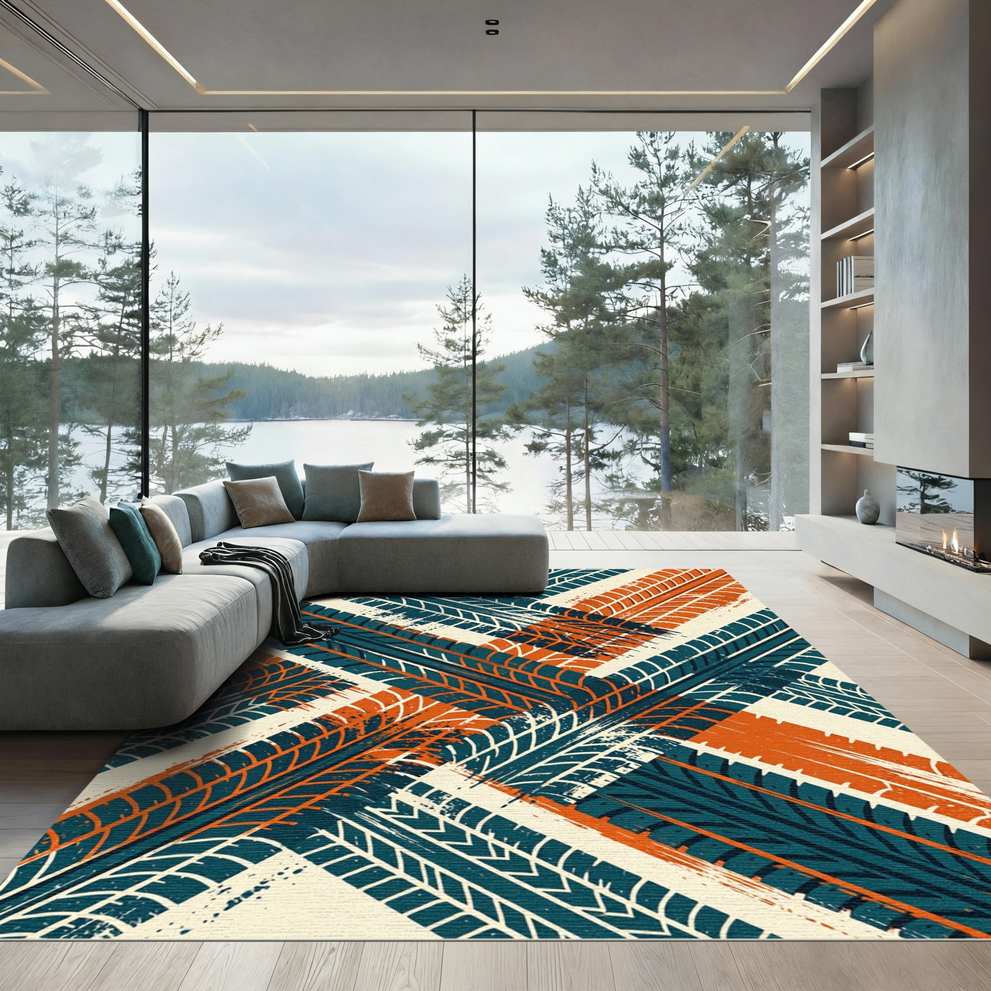 Teal and Burnt Orange Tire Tread Rug