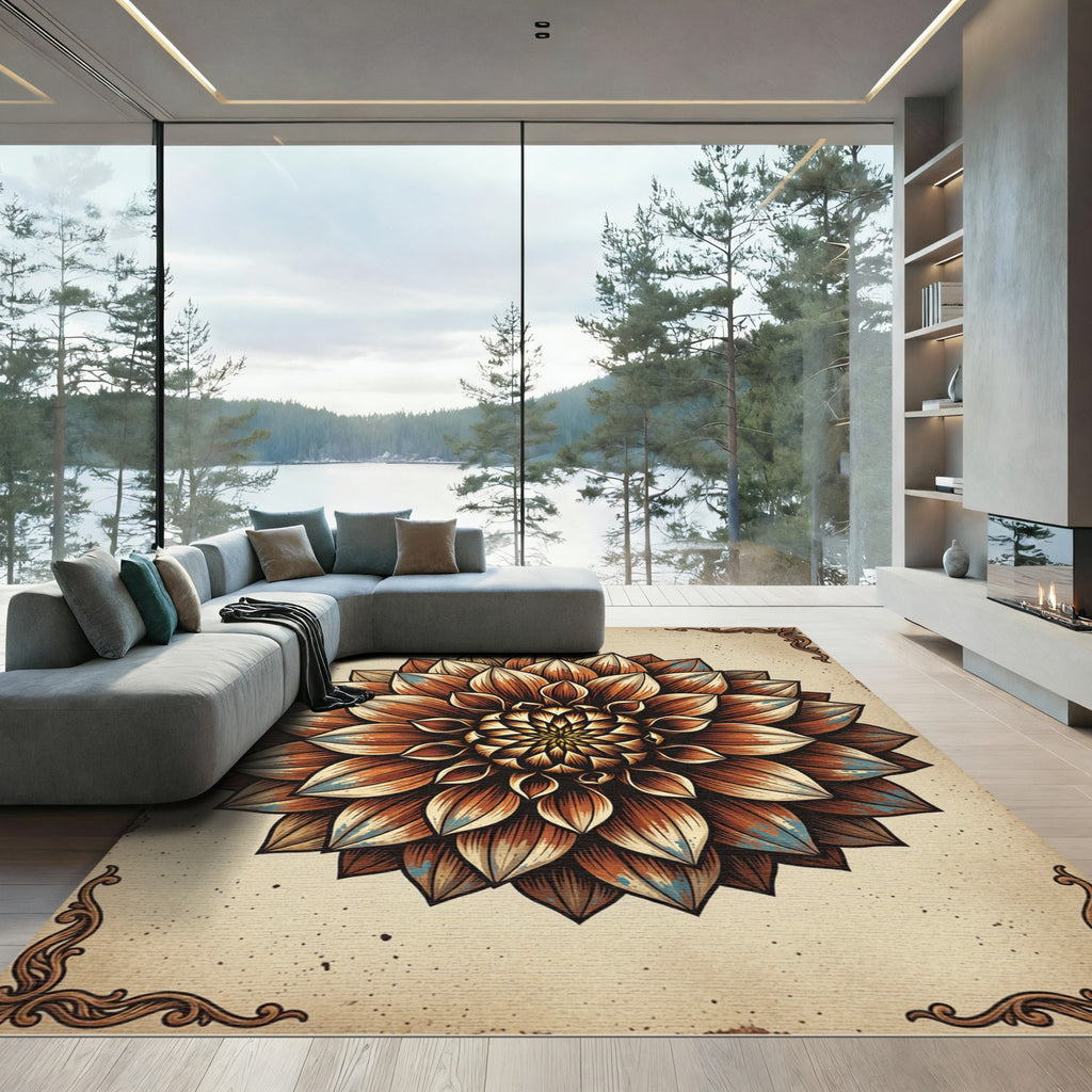 Vintage Earthy Bronze Floral Mandala Rug