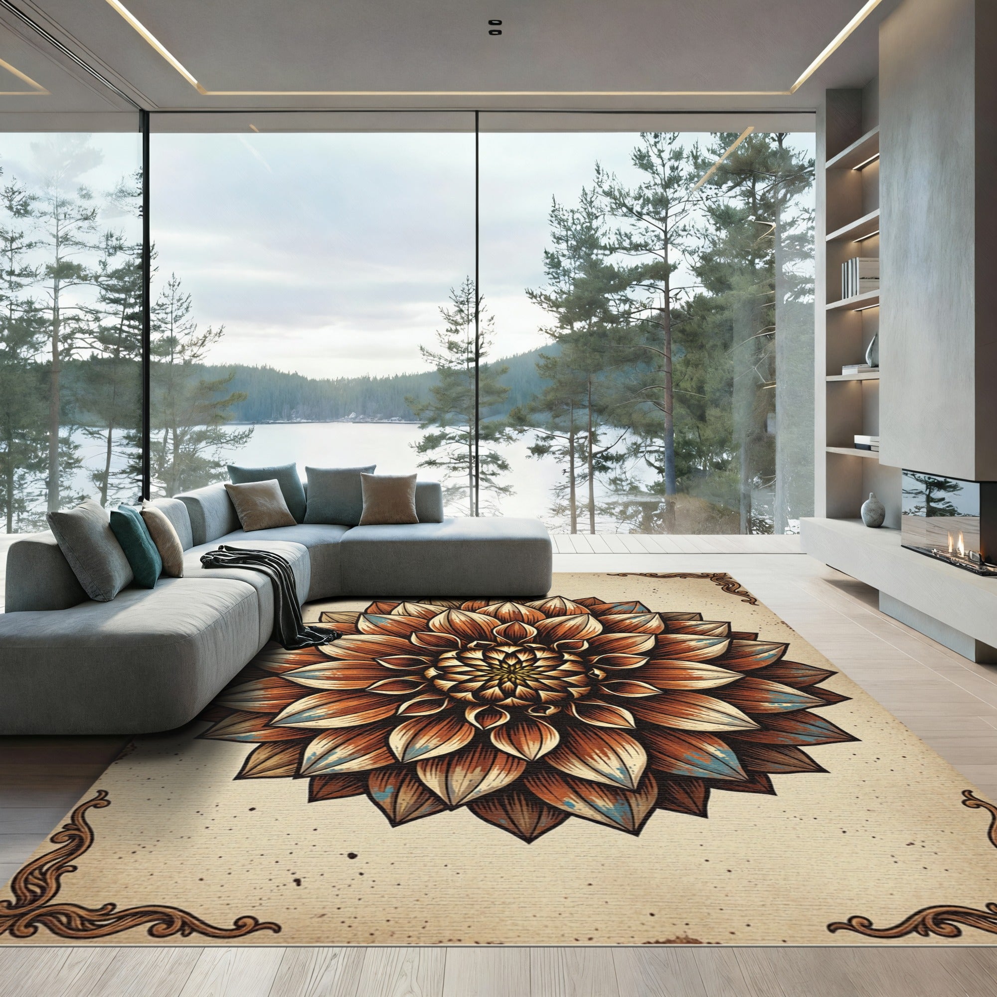 Vintage Earthy Bronze Floral Mandala Rug
