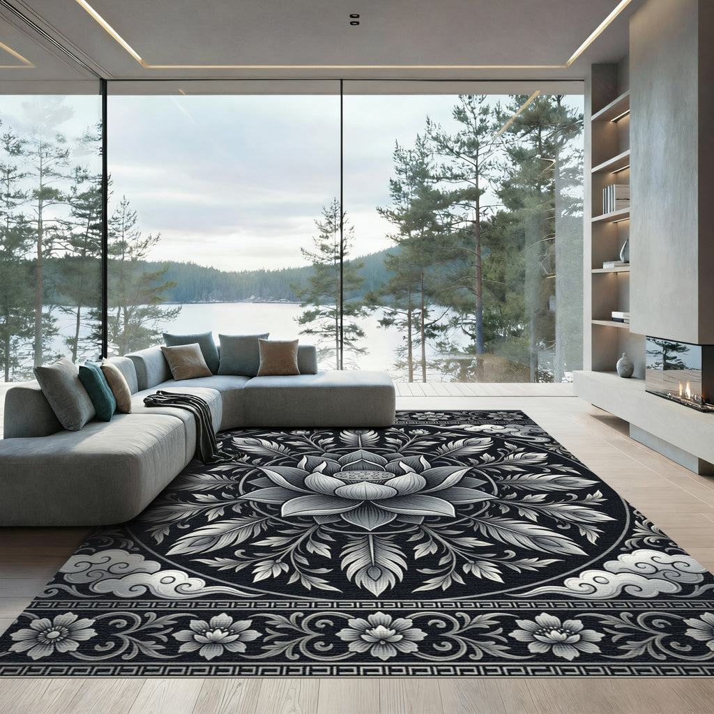 Ornate Silver Lotus Cloud Mandala Rug