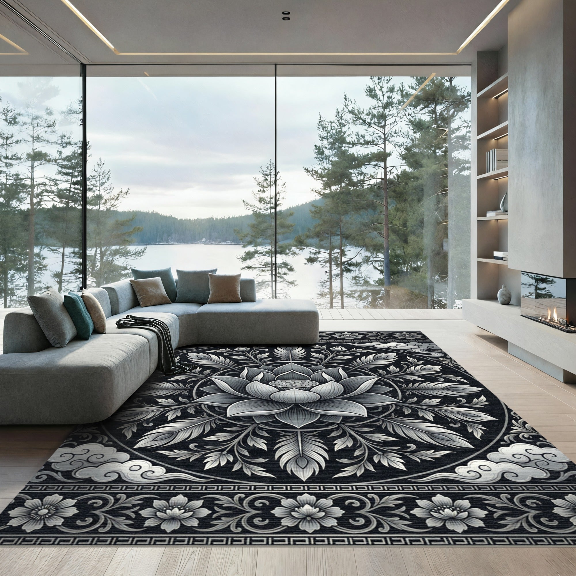 Ornate Silver Lotus Cloud Mandala Rug