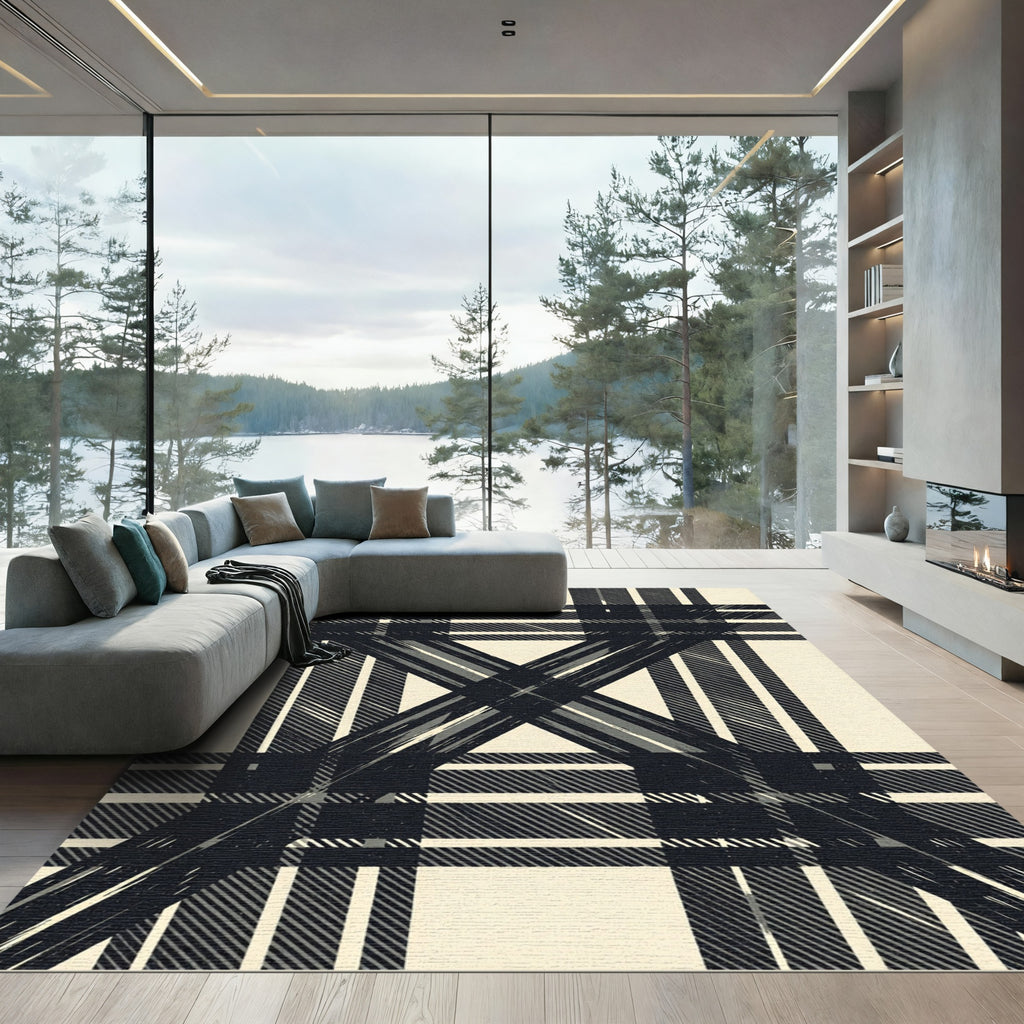 Dark Tonal Plaid Grunge Crossing Rug