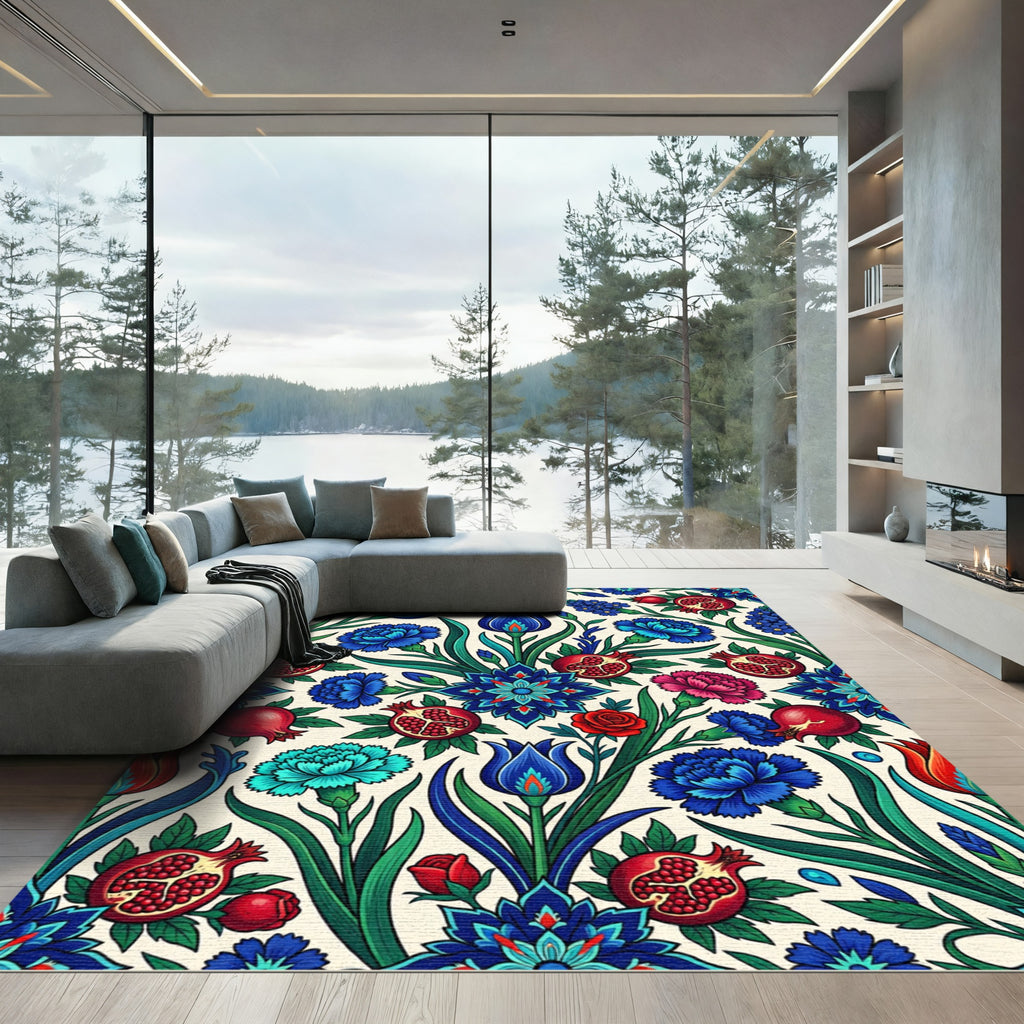 Crimson Pomegranate Blue Floral Composition Rug