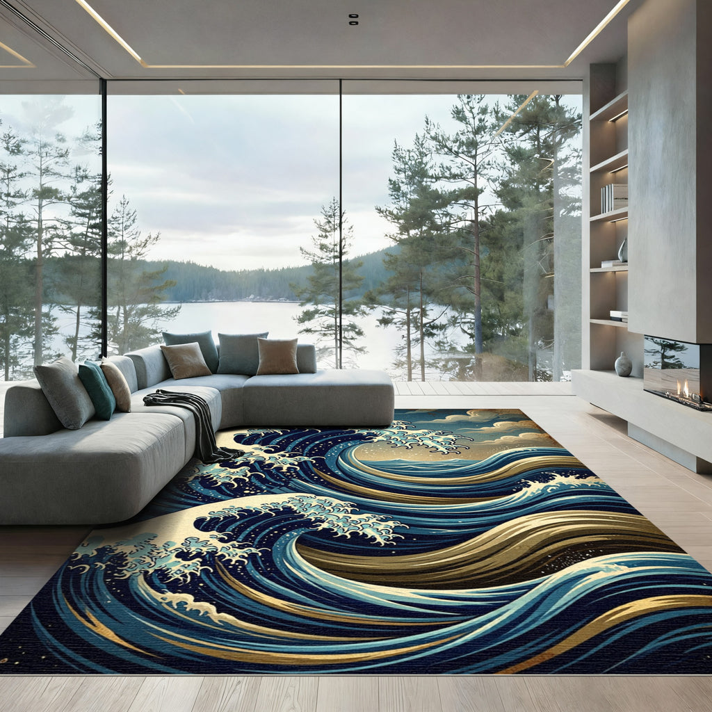 Dynamic Blue Gold Ocean Waves Rug