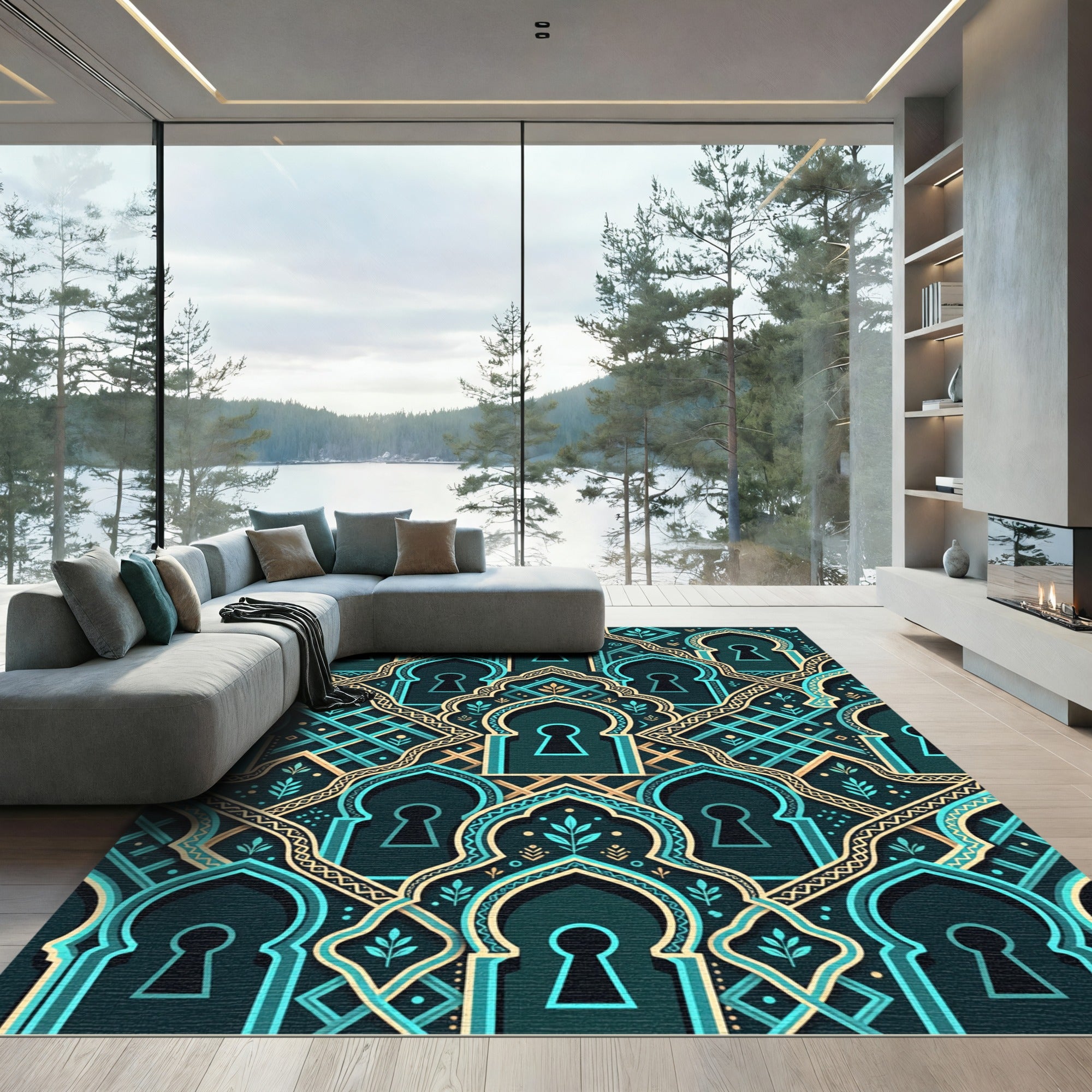 Teal Archway Keyhole Geometric Floor Art Rug