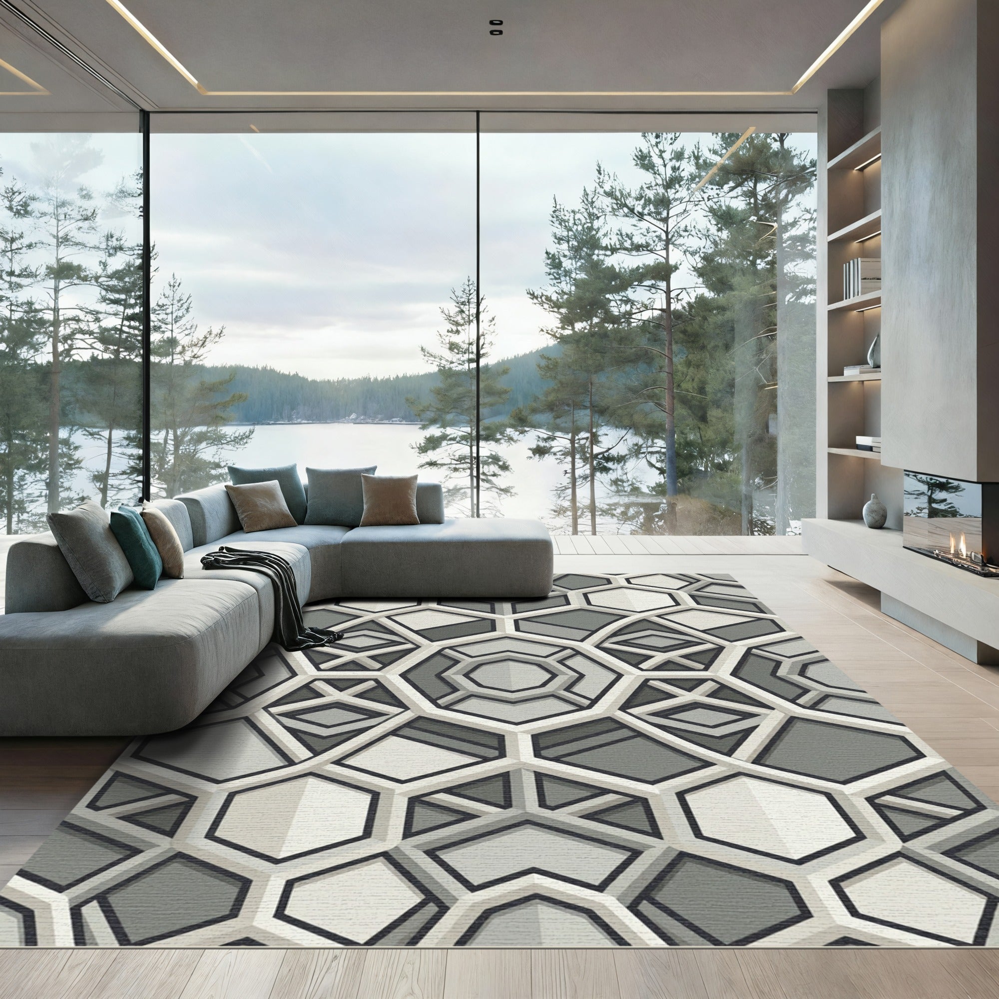 Modern Gray Geometric Hexagonal Tile Rug