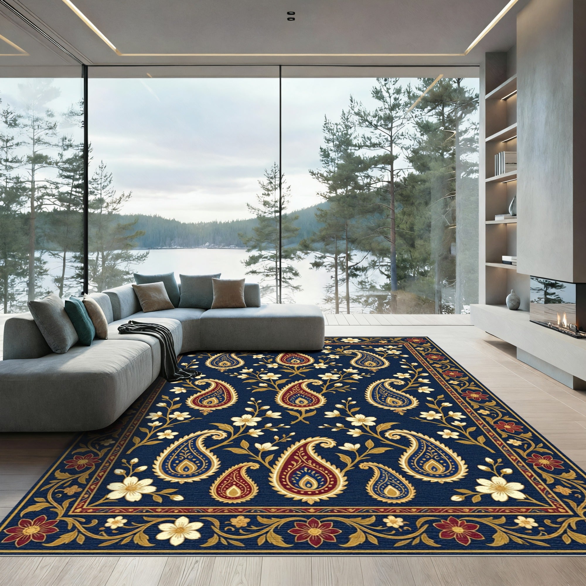 Indigo Paisley Floral Border Rug