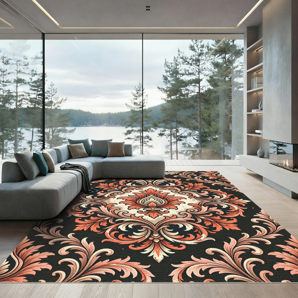 Elegant Terracotta Damask Floral Scroll Rug