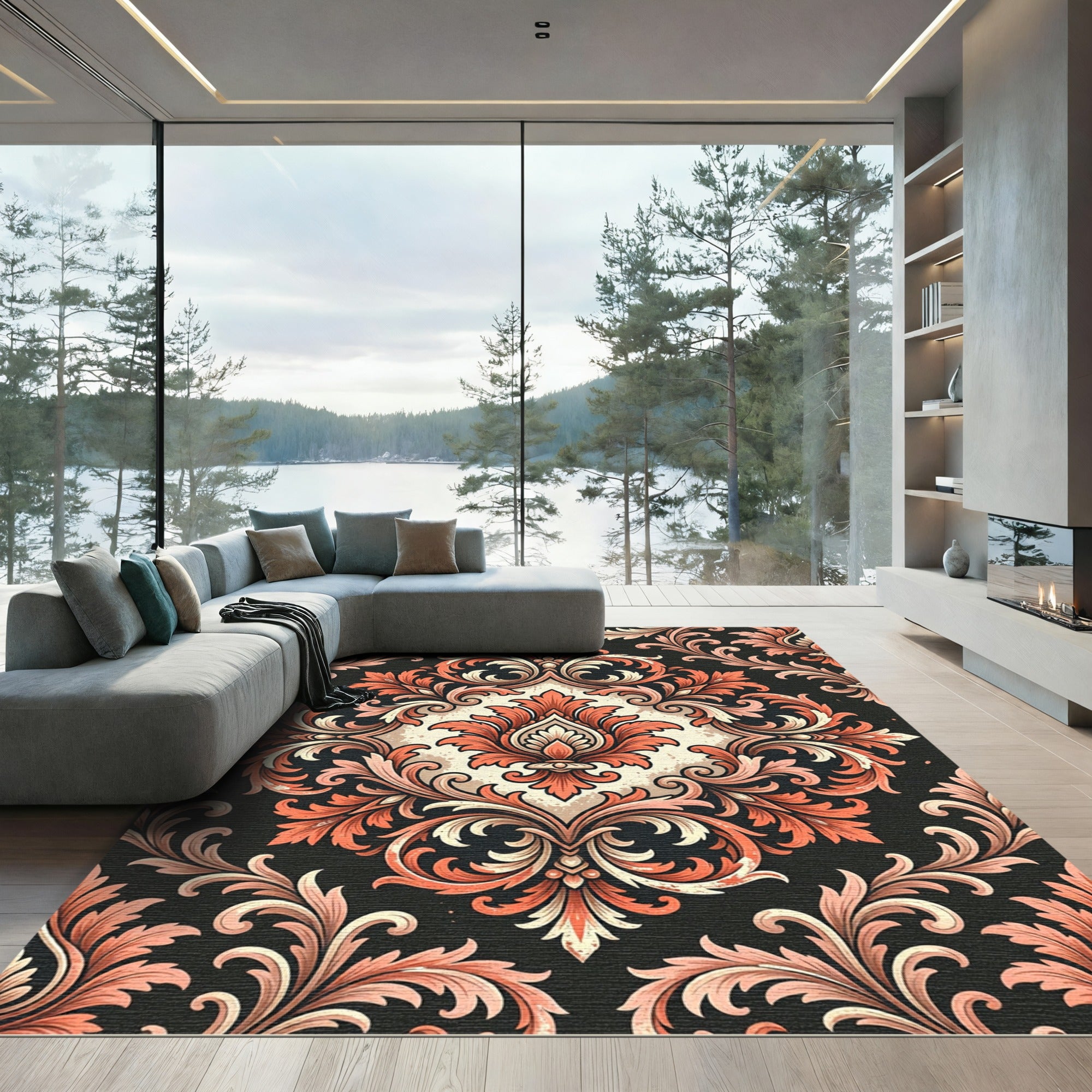 Elegant Terracotta Damask Floral Scroll Rug