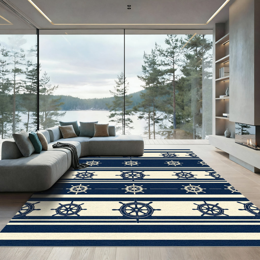 Navy Nautical Ship Wheel Striped Rug