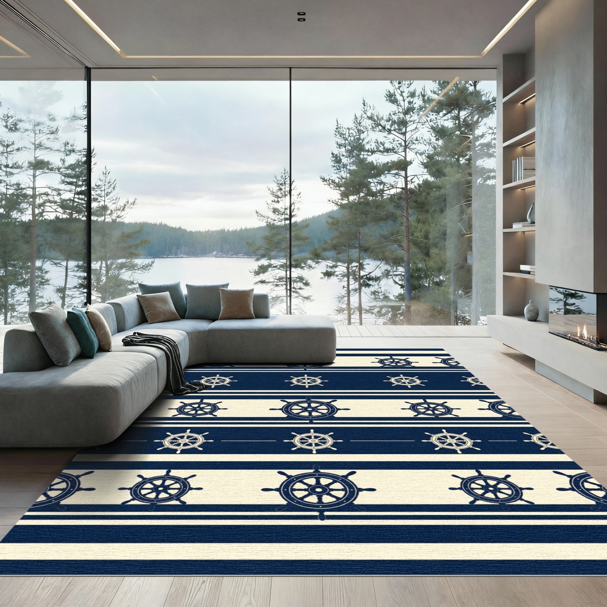 Navy Nautical Ship Wheel Striped Rug