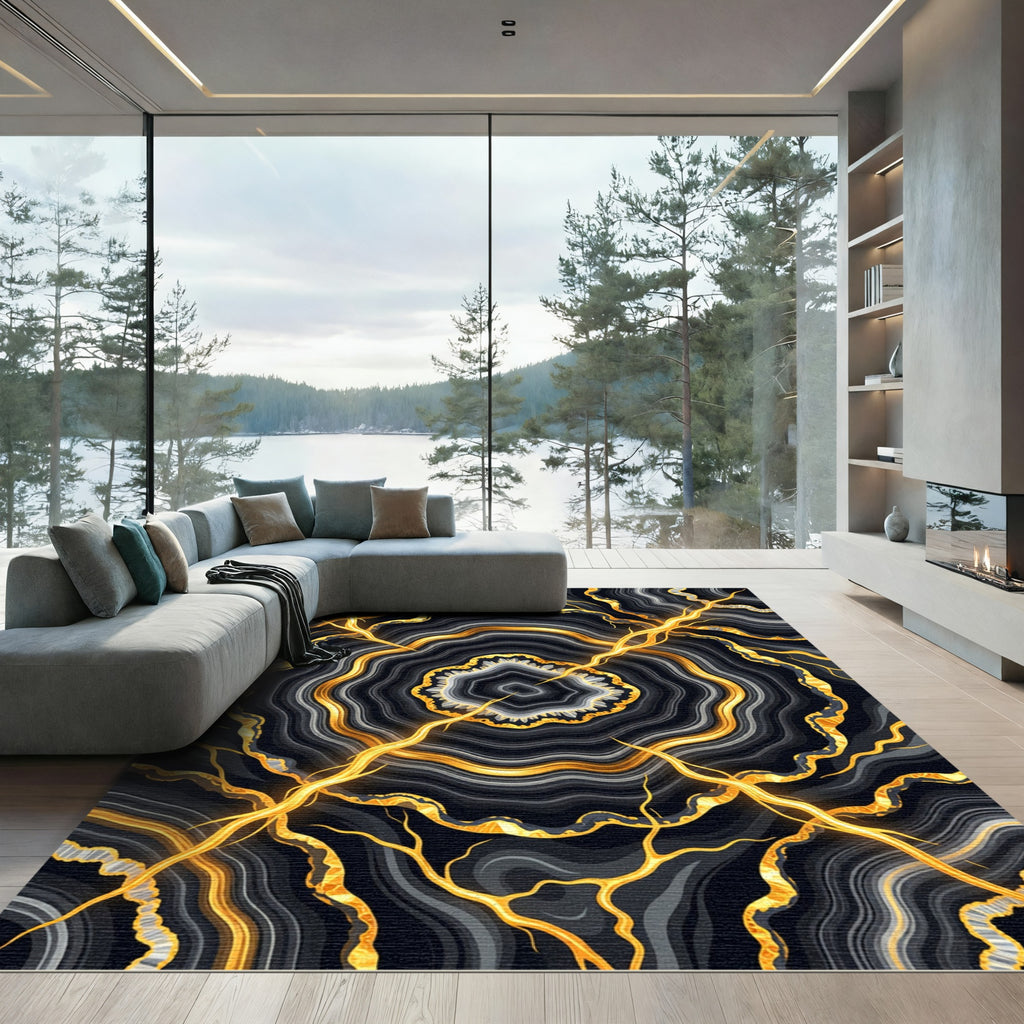 Luxurious Gold Veined Black Agate Rug