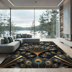 Elegant Black and Gold Peacock Fan Rug