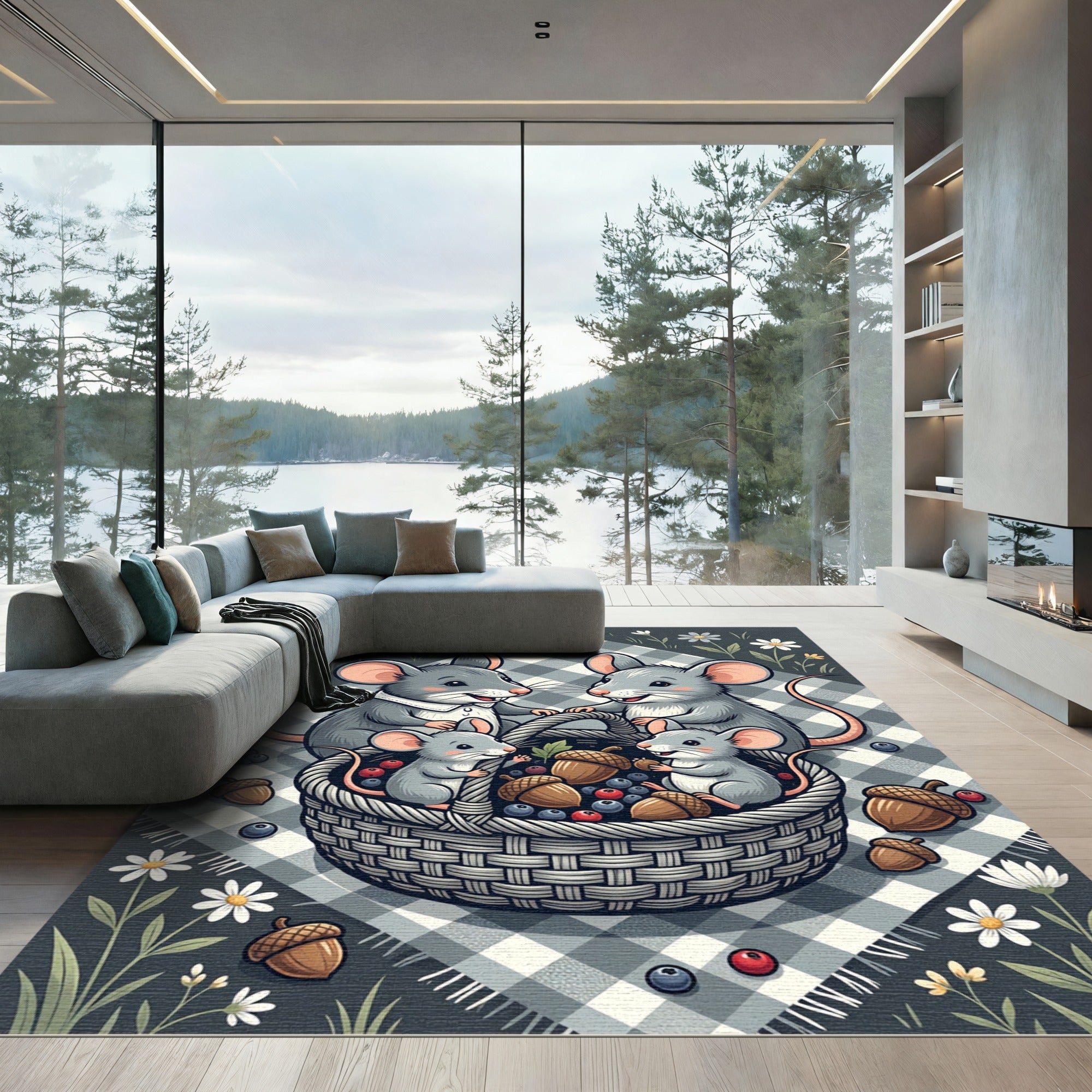 Whimsical Picnic Mice with Acorn Berries Rug