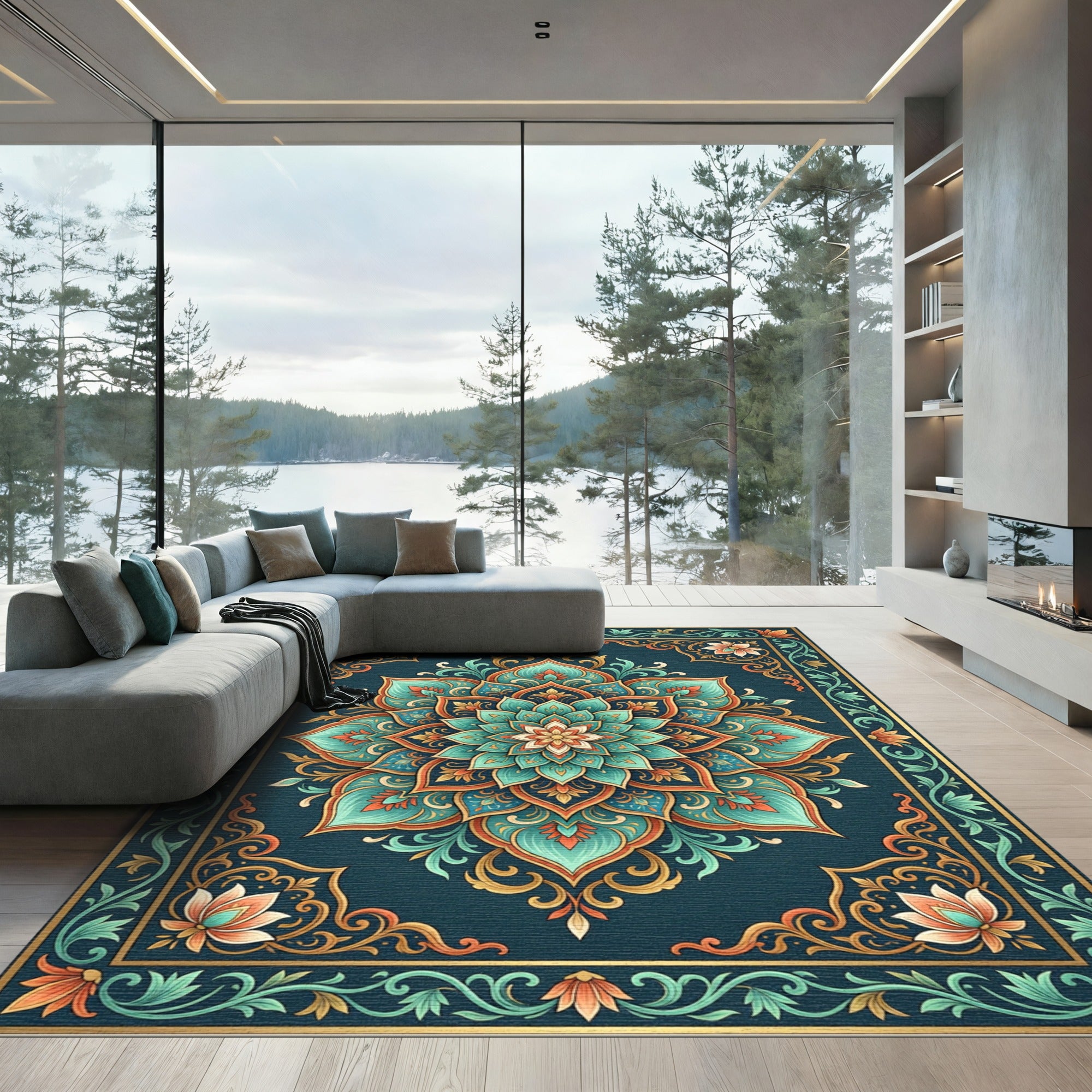 Teal Mandala Bloom with Golden Foliage Rug