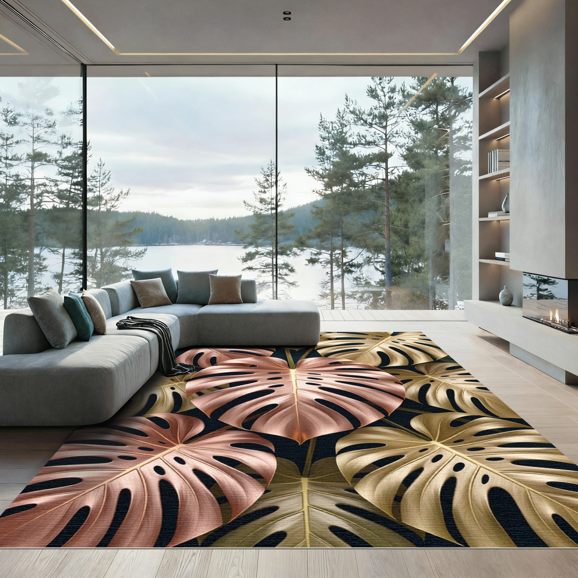 Rose Gold Metallic Monstera Tropical Leaves Rug
