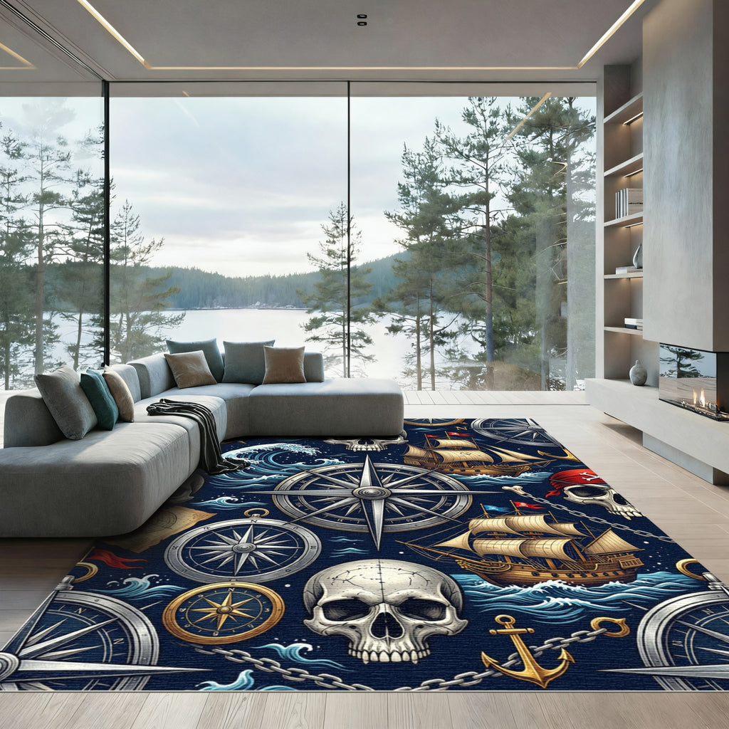 Vintage Nautical Skull And Compass Mariner Rug