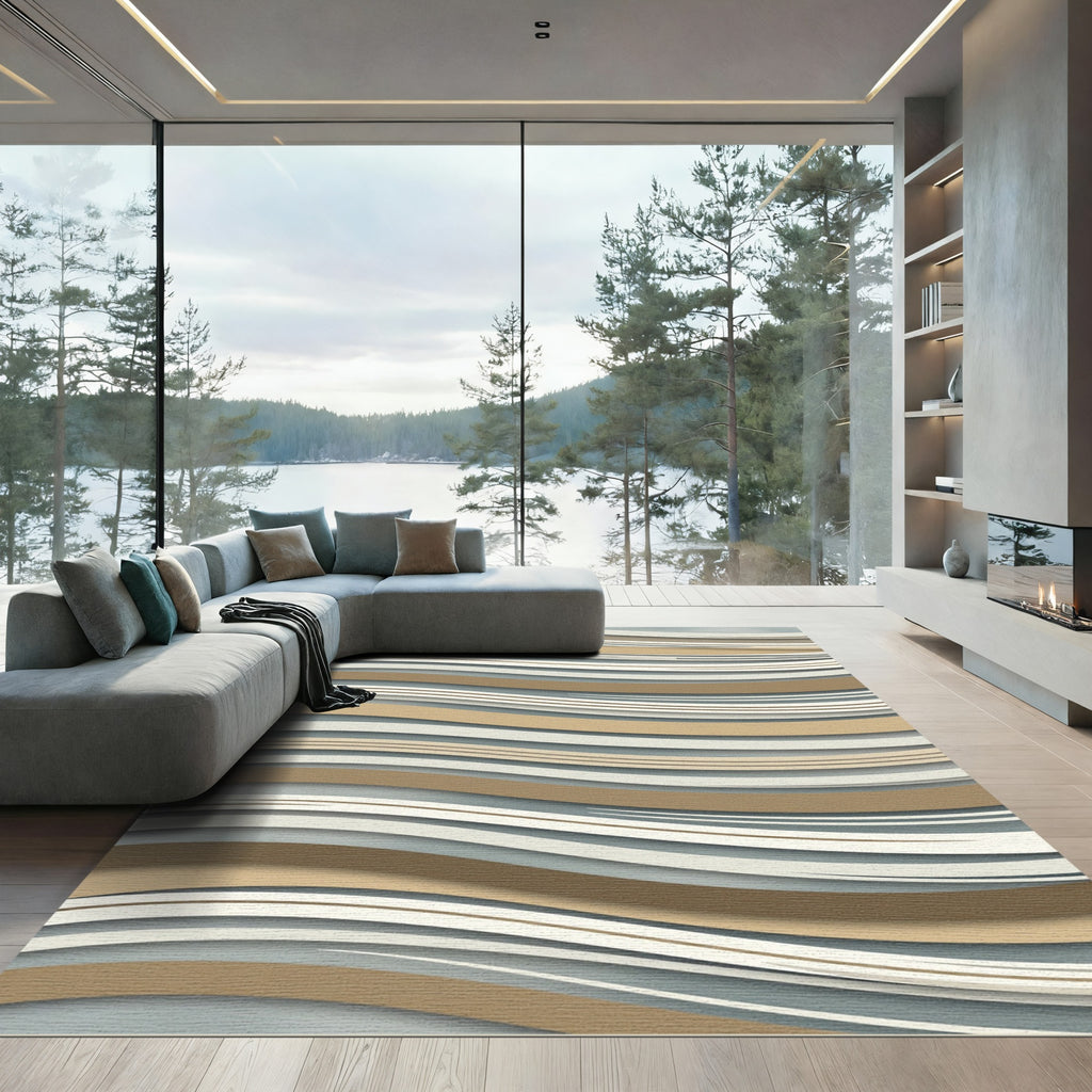 Contemporary Wavy Earth Tone Striped Rug