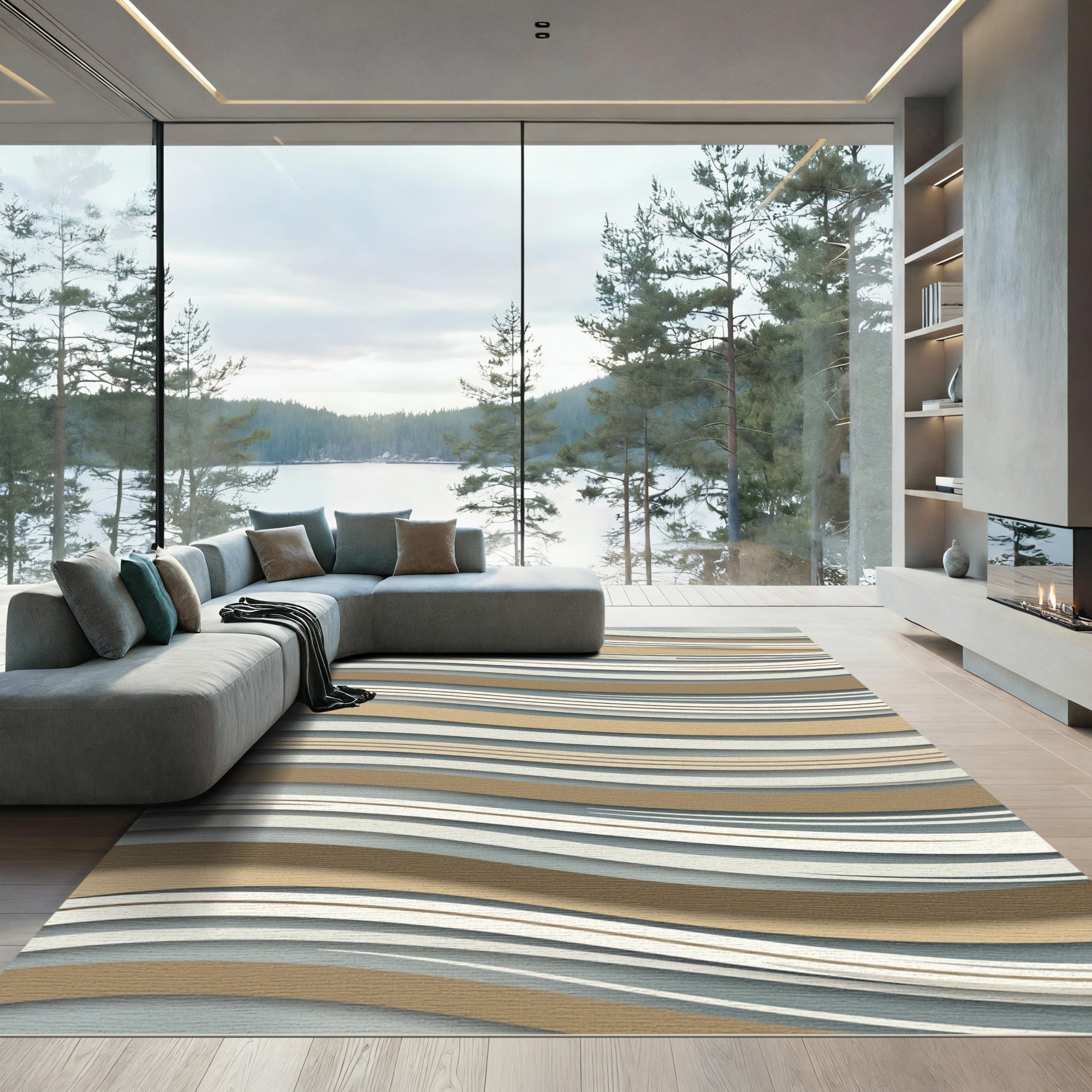 Contemporary Wavy Earth Tone Striped Rug