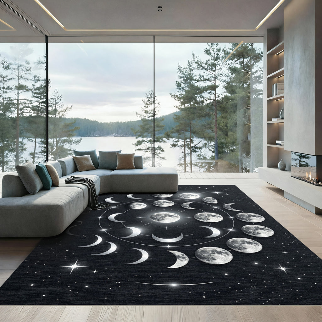 Celestial Lunar Phase Monochrome Area Rug
