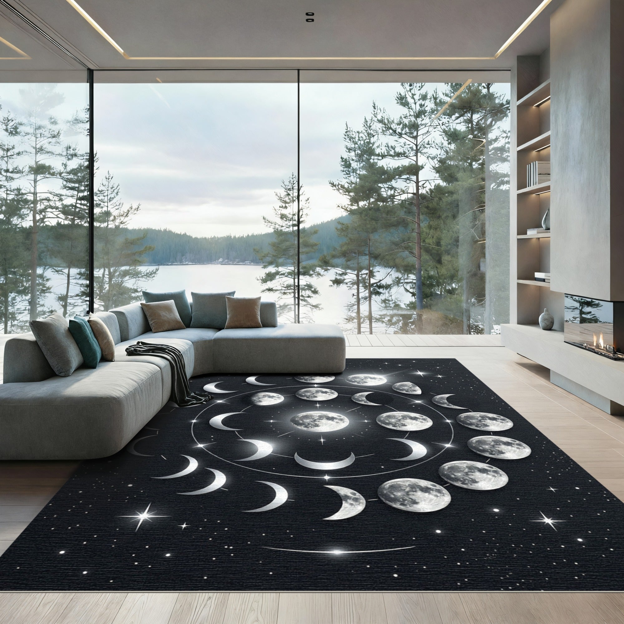 Celestial Lunar Phase Monochrome Area Rug