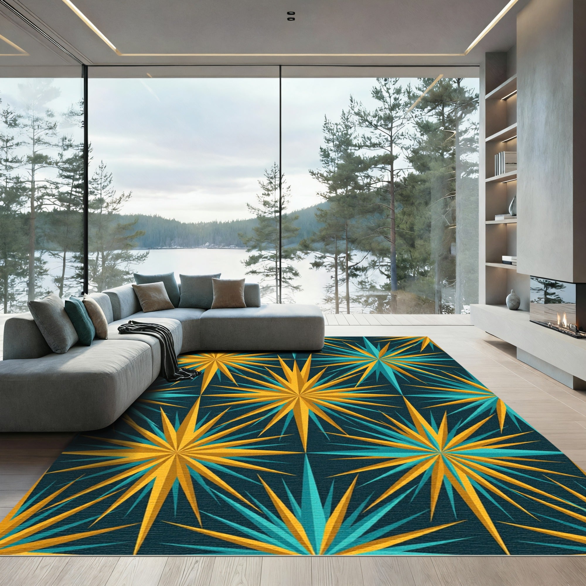 Mid-Century Teal and Gold Starburst Rug