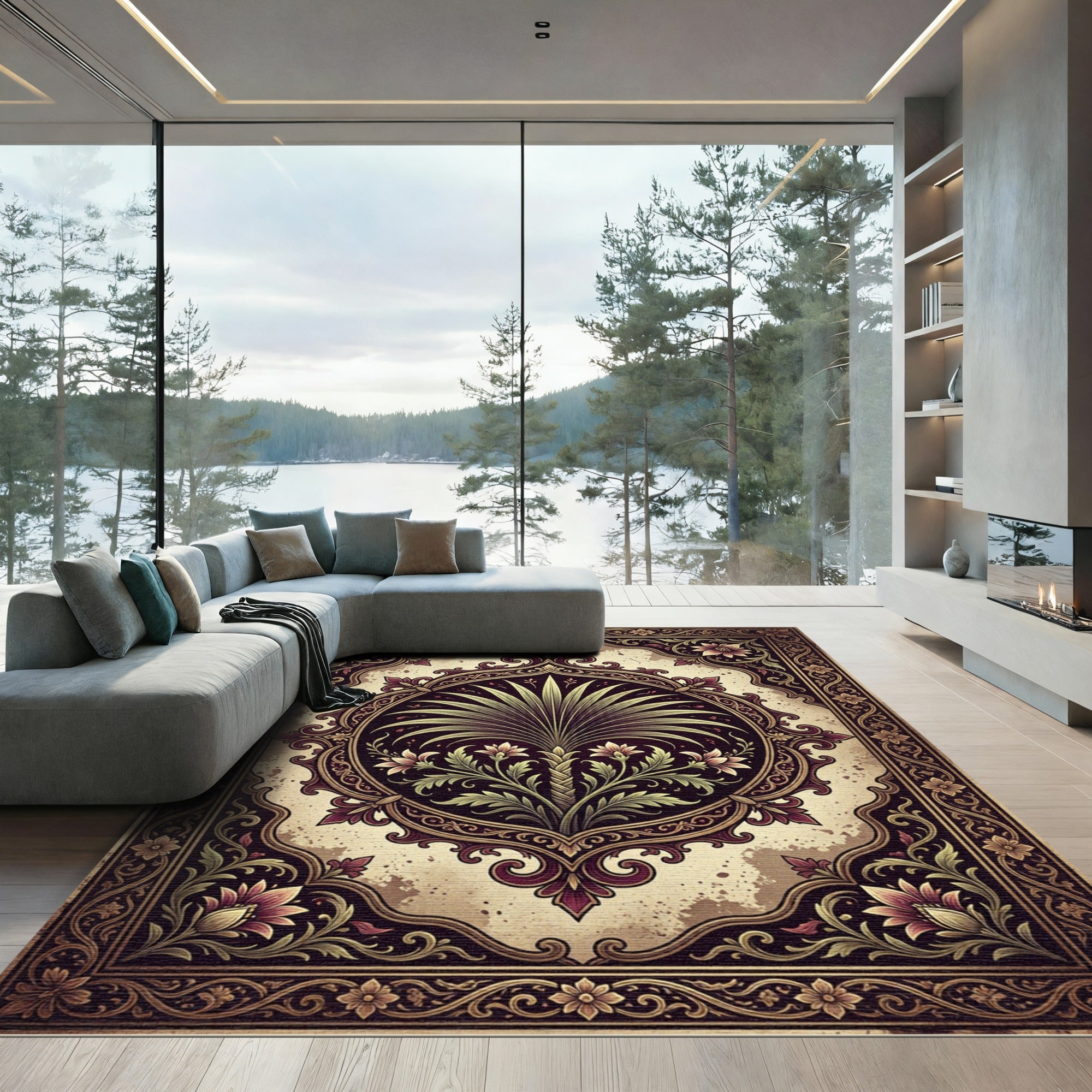 Ornate Floral Palm Medallion Deep Umber Rug