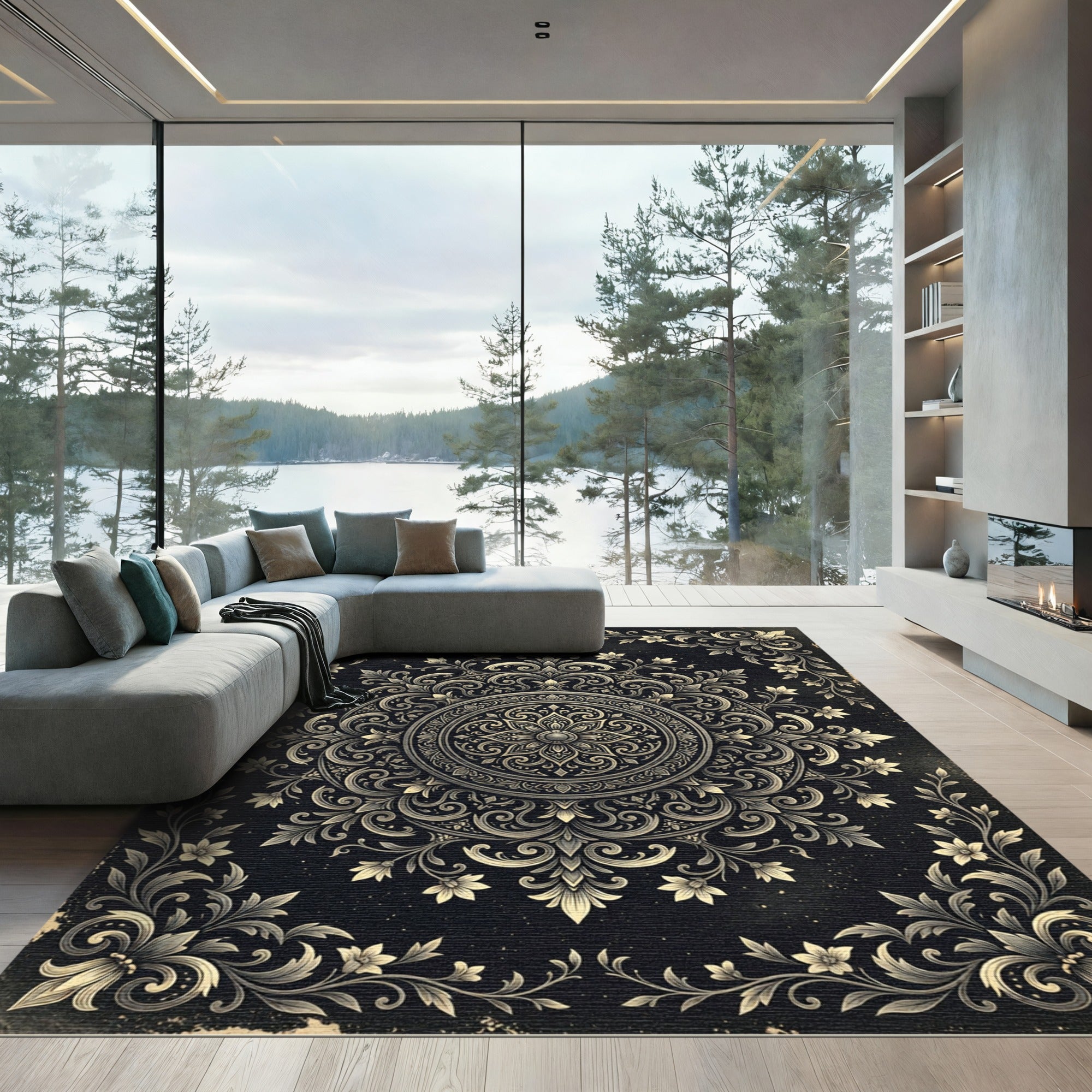 Ornate Black and Gold Floral Mandala Rug
