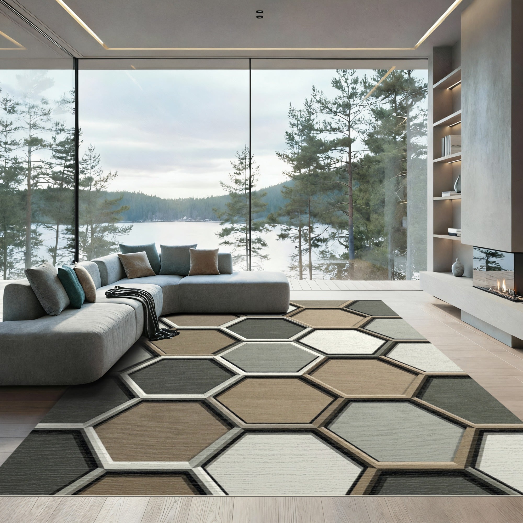 Neutral Geometric Hexagon Tessellation Rug