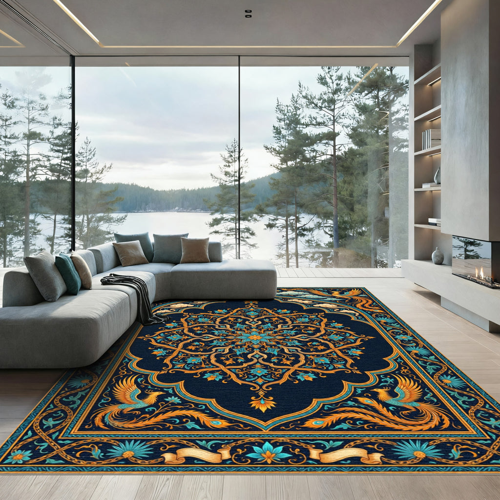Ornate Golden Phoenix Floral Medallion Rug