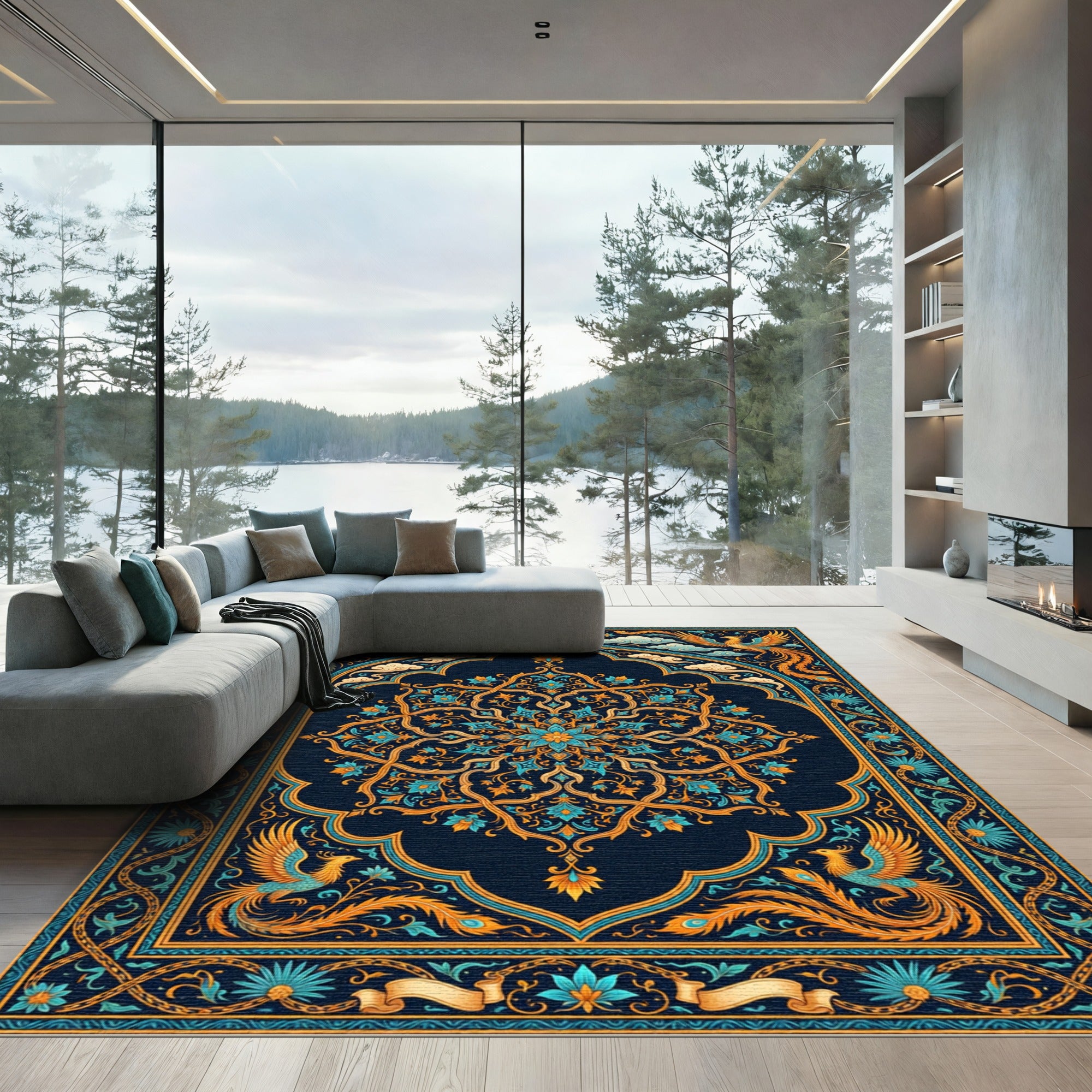 Ornate Golden Phoenix Floral Medallion Rug