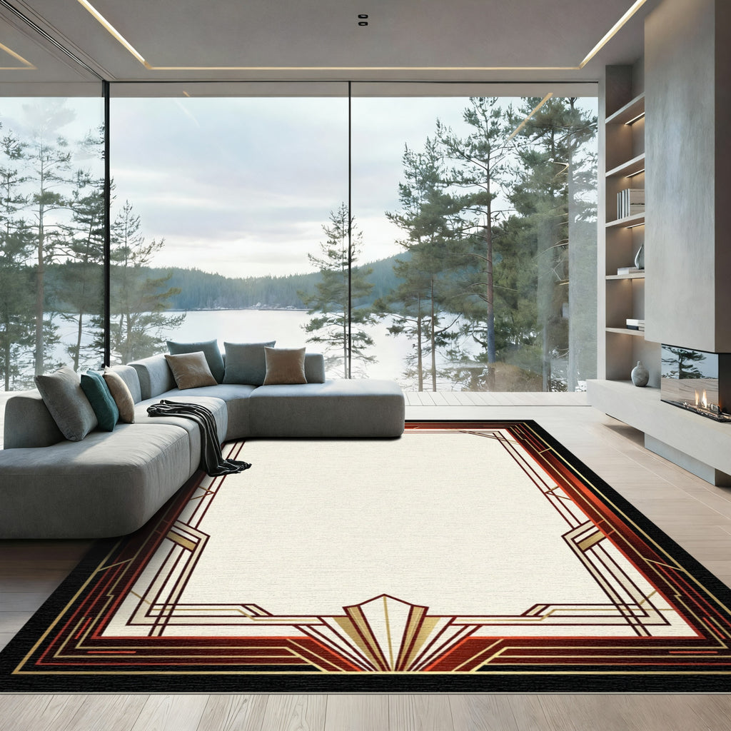 Crimson Gold Geometric Art Deco Frame Rug