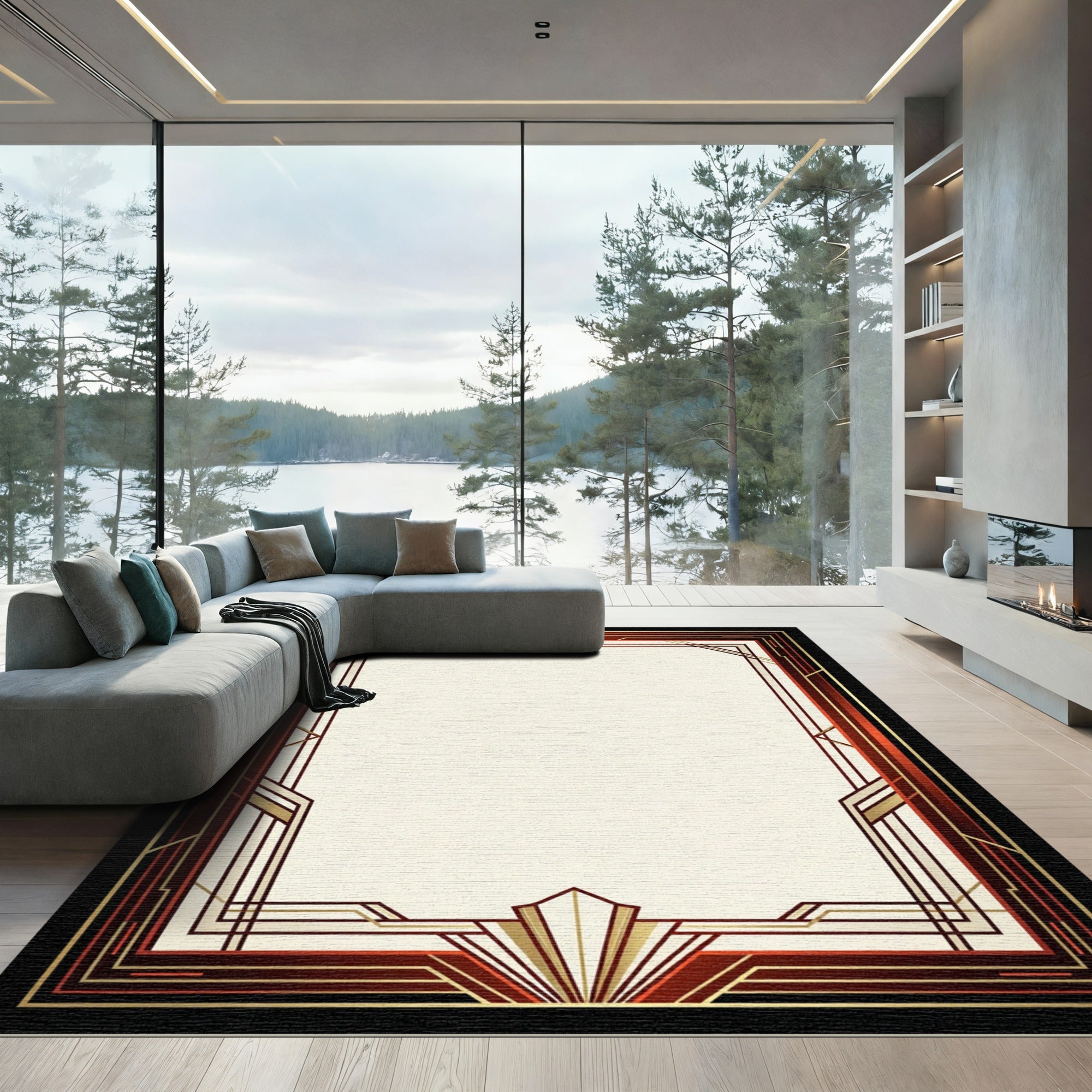 Crimson Gold Geometric Art Deco Frame Rug