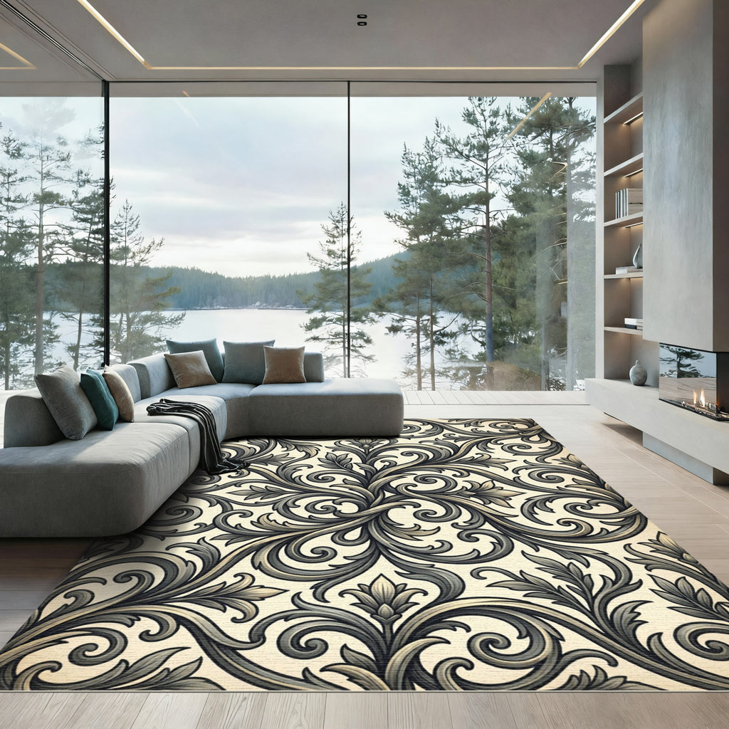 Ornate Gray Acanthus Swirl Rug