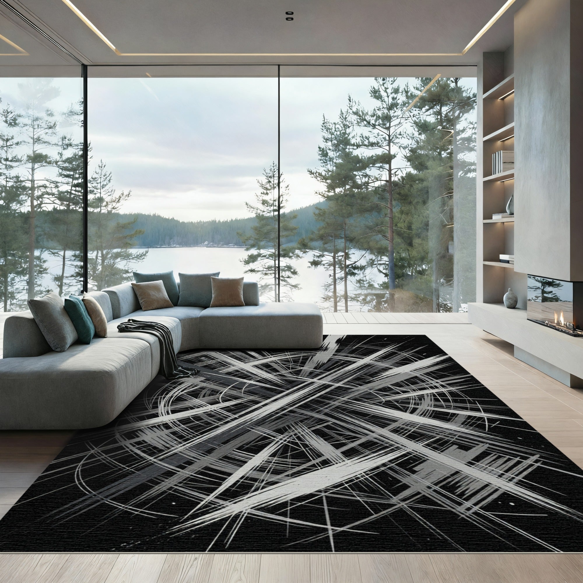Modern Monochrome Abstract Radial Line Rug