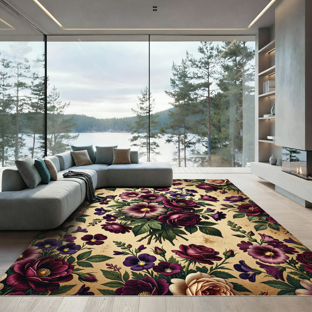 Deep Plum Ivory Rose Hollyhock Medley Rug