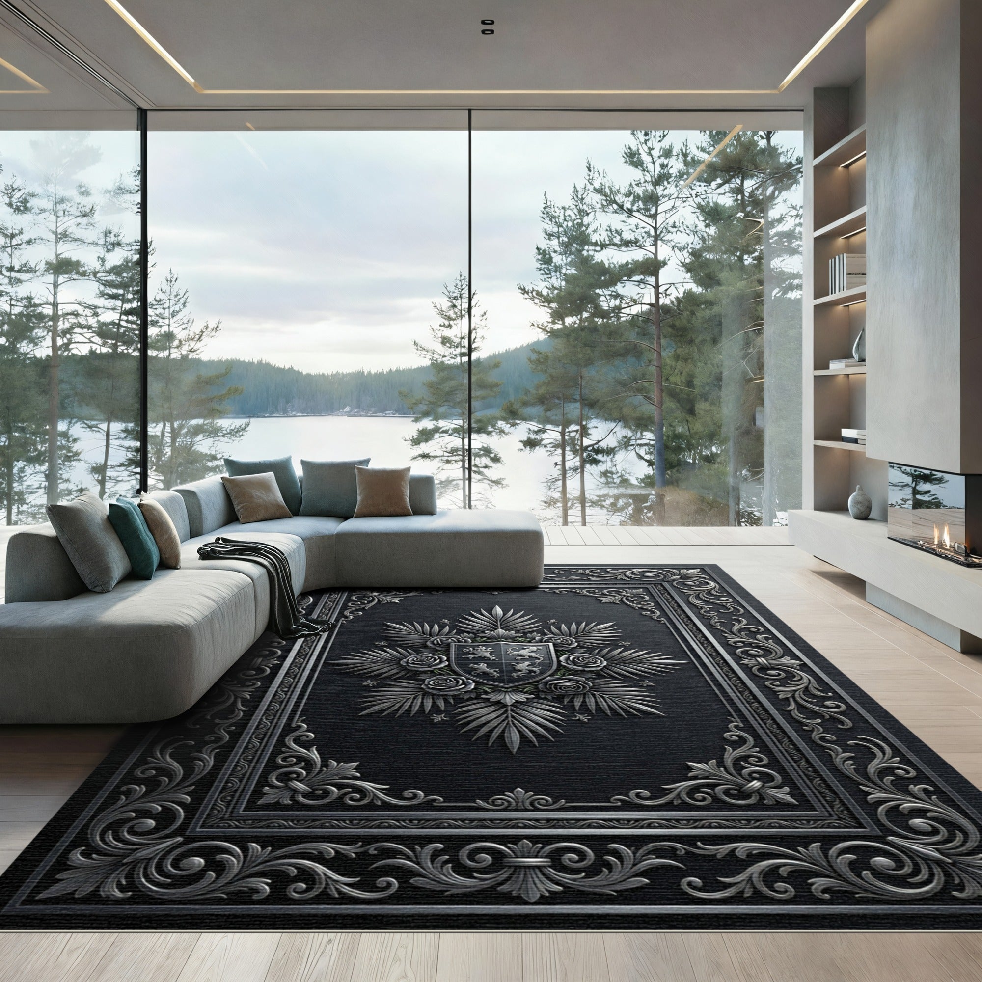 Ornate Silver Crest Floral Border Rug