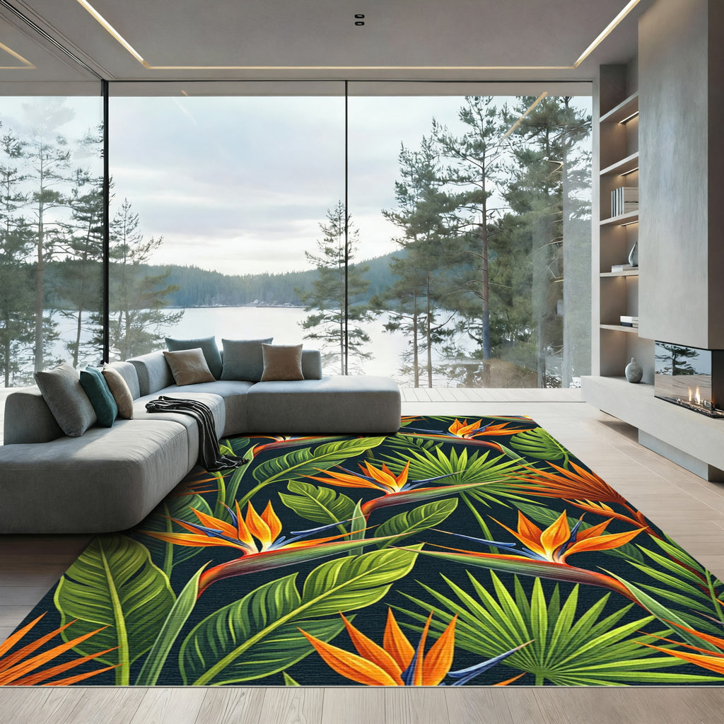 Vibrant Orange Bird of Paradise Foliage Rug