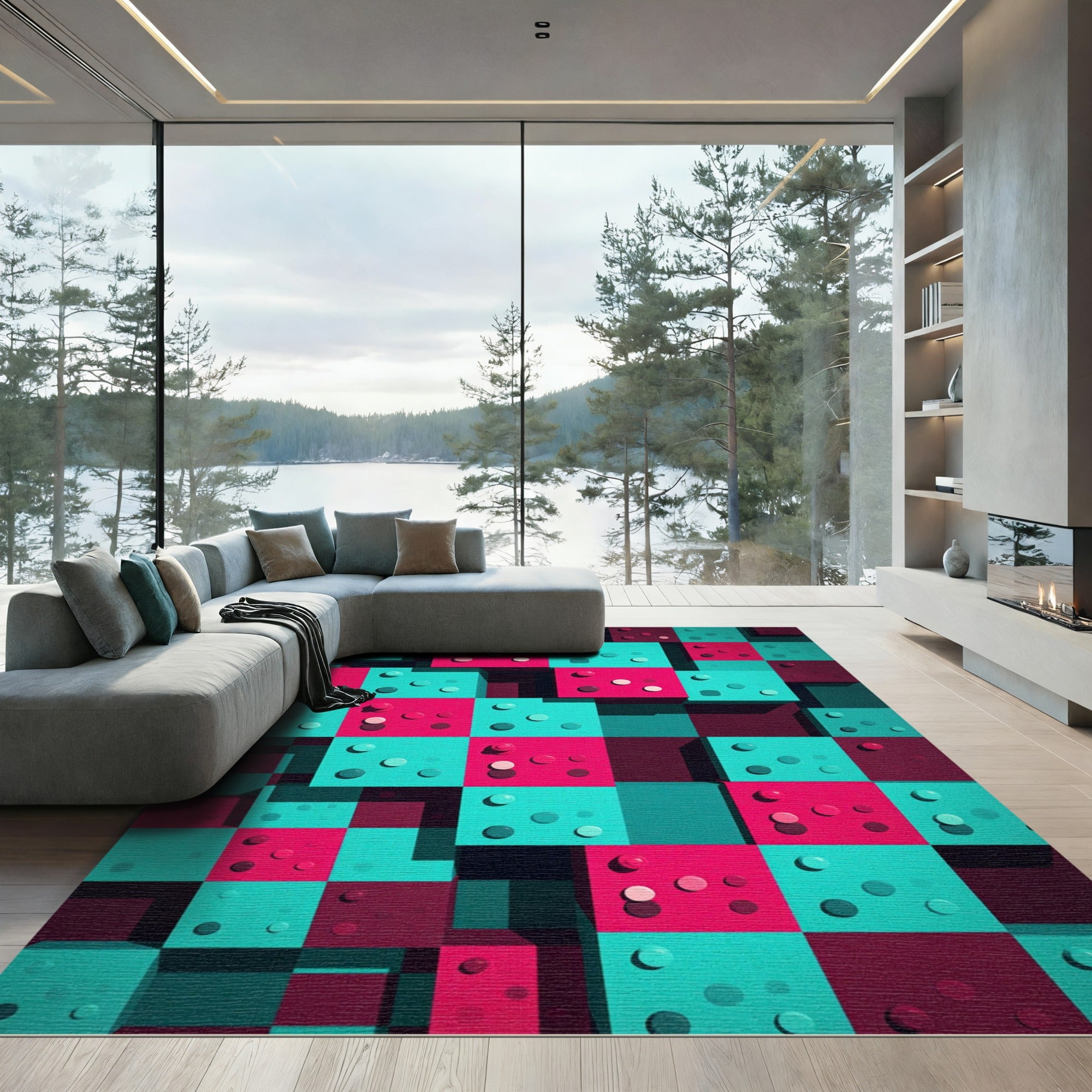 Vibrant Pink Teal Geometric 3D Block Rug