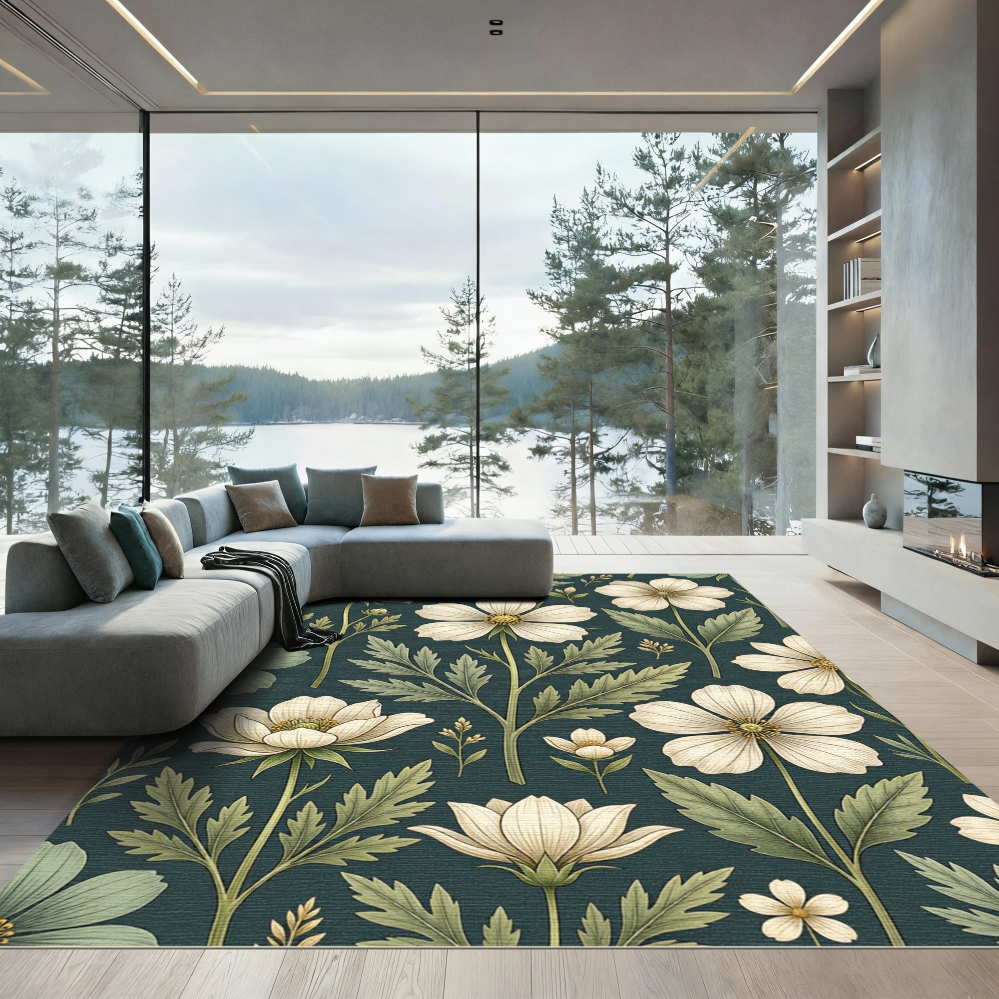 Botanical Cream Flower Dark Teal Wallpaper Rug